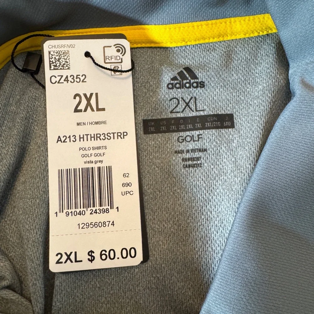Adidas Mens Golf Polo 2XL Grey Yellow Three Stripe Colorblock Sporty Performance